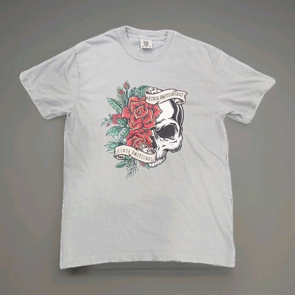 Comfort Colors Skull Rose Graphic T Shirt Moss Green Kinda Emotionalless Mens M
